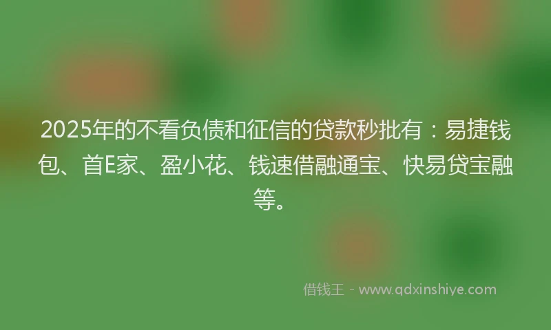 2025年的不看负债和征信的贷款秒批有：易捷钱包、首E家、盈小花、钱速借融通宝、快易贷宝融等。