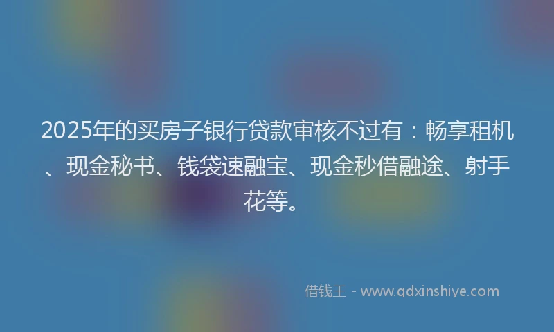2025年的买房子银行贷款审核不过有：畅享租机、现金秘书、钱袋速融宝、现金秒借融途、射手花等。