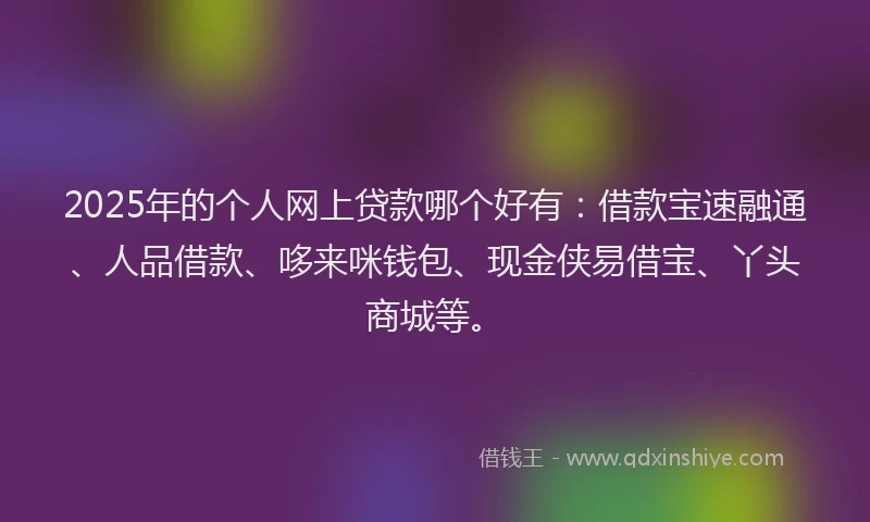 2025年的个人网上贷款哪个好有：借款宝速融通、人品借款、哆来咪钱包、现金侠易借宝、丫头商城等。