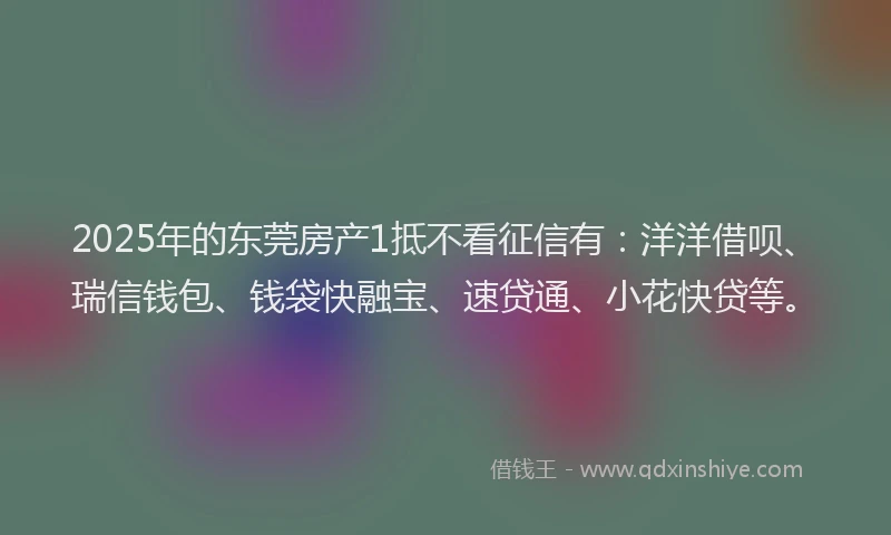 2025年的东莞房产1抵不看征信有：洋洋借呗、瑞信钱包、钱袋快融宝、速贷通、小花快贷等。