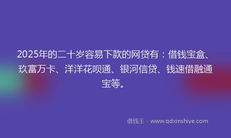 2025年的二十岁容易下款的网贷有：借钱宝盒、玖富万卡、洋洋花呗通、银河信贷、钱速借融通宝等。
