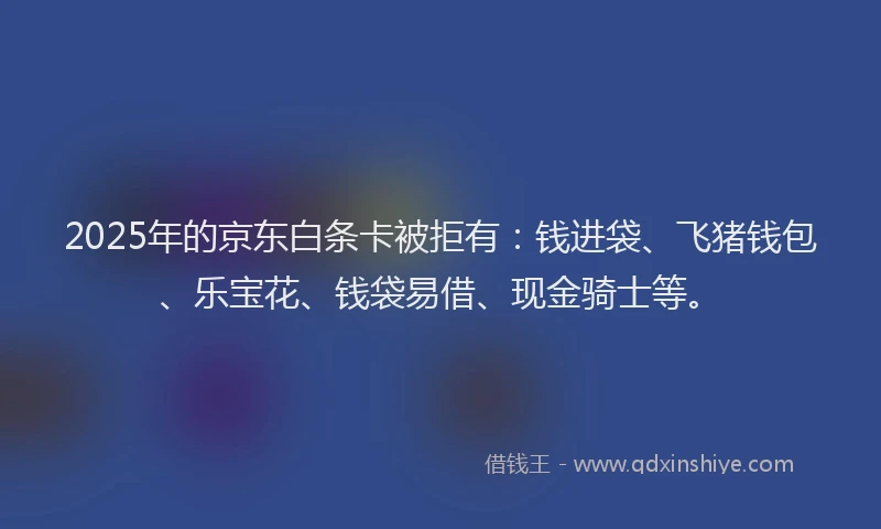 2025年的京东白条卡被拒有：钱进袋、飞猪钱包、乐宝花、钱袋易借、现金骑士等。