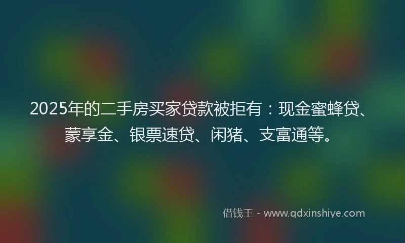 2025年的二手房买家贷款被拒有：现金蜜蜂贷、蒙享金、银票速贷、闲猪、支富通等。
