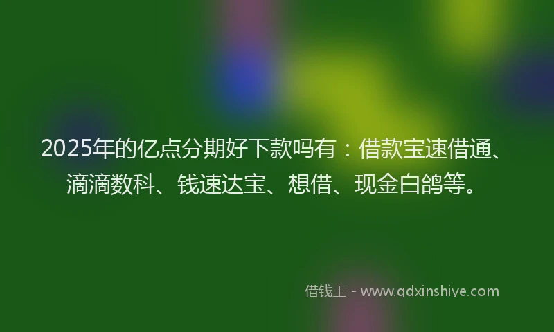 2025年的亿点分期好下款吗有：借款宝速借通、滴滴数科、钱速达宝、想借、现金白鸽等。