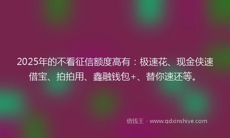 2025年的不看征信额度高有：极速花、现金侠速借宝、拍拍用、鑫融钱包+、替你速还等。