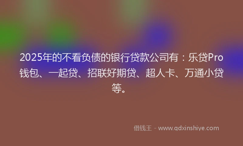 2025年的不看负债的银行贷款公司有：乐贷Pro钱包、一起贷、招联好期贷、超人卡、万通小贷等。
