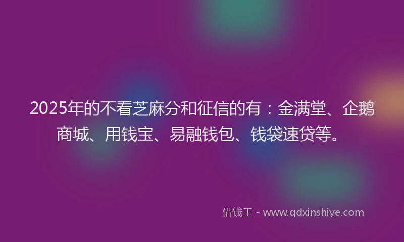 2025年的不看芝麻分和征信的有：金满堂、企鹅商城、用钱宝、易融钱包、钱袋速贷等。