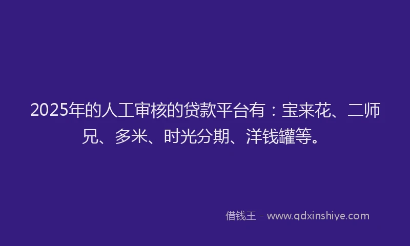 2025年的人工审核的贷款平台有：宝来花、二师兄、多米、时光分期、洋钱罐等。