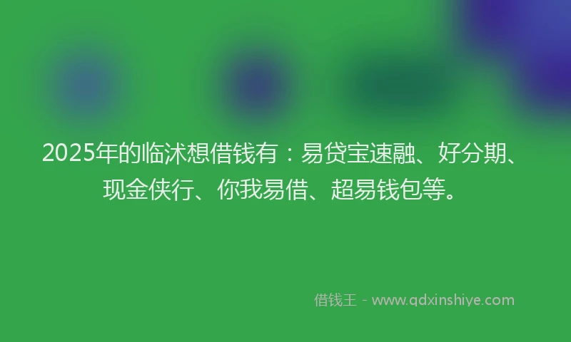 2025年的临沭想借钱有：易贷宝速融、好分期、现金侠行、你我易借、超易钱包等。