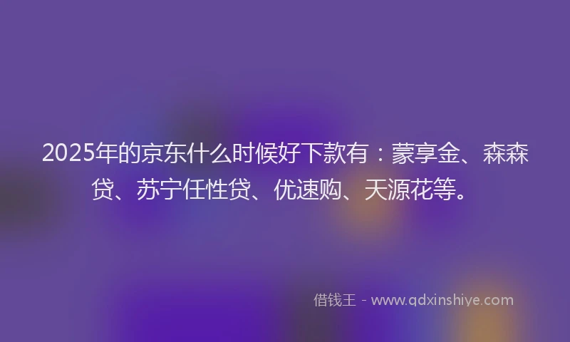 2025年的京东什么时候好下款有：蒙享金、森森贷、苏宁任性贷、优速购、天源花等。