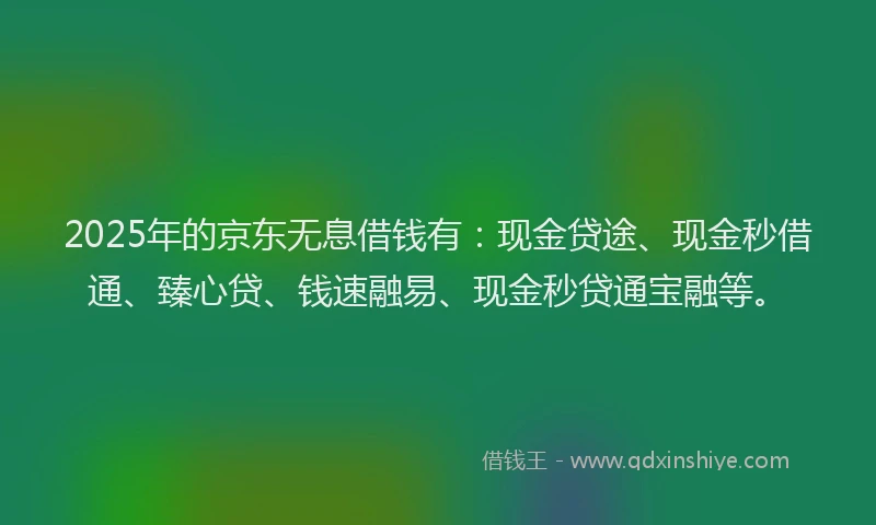 2025年的京东无息借钱有：现金贷途、现金秒借通、臻心贷、钱速融易、现金秒贷通宝融等。