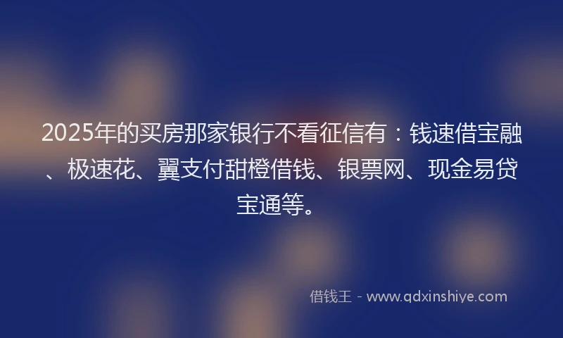 2025年的买房那家银行不看征信有：钱速借宝融、极速花、翼支付甜橙借钱、银票网、现金易贷宝通等。