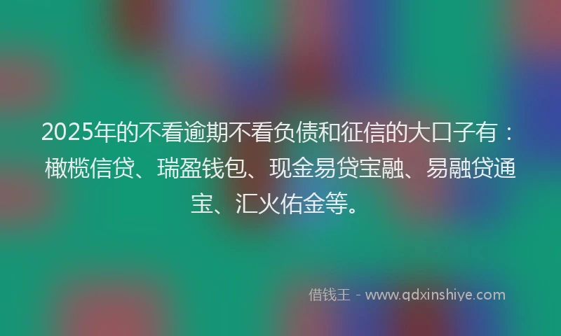 2025年的不看逾期不看负债和征信的大口子有：橄榄信贷、瑞盈钱包、现金易贷宝融、易融贷通宝、汇火佑金等。