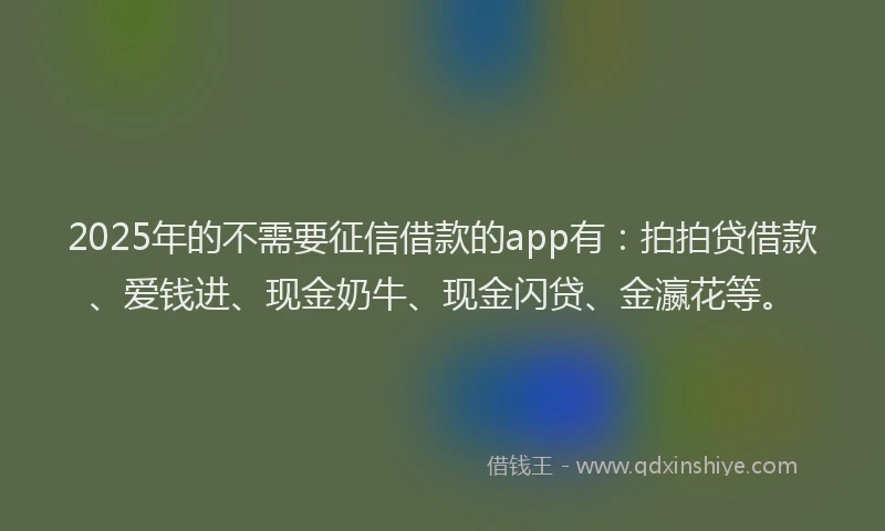 2025年的不需要征信借款的app有：拍拍贷借款、爱钱进、现金奶牛、现金闪贷、金瀛花等。