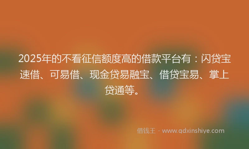 2025年的不看征信额度高的借款平台有：闪贷宝速借、可易借、现金贷易融宝、借贷宝易、掌上贷通等。