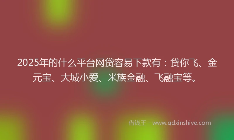2025年的什么平台网贷容易下款有：贷你飞、金元宝、大城小爱、米族金融、飞融宝等。