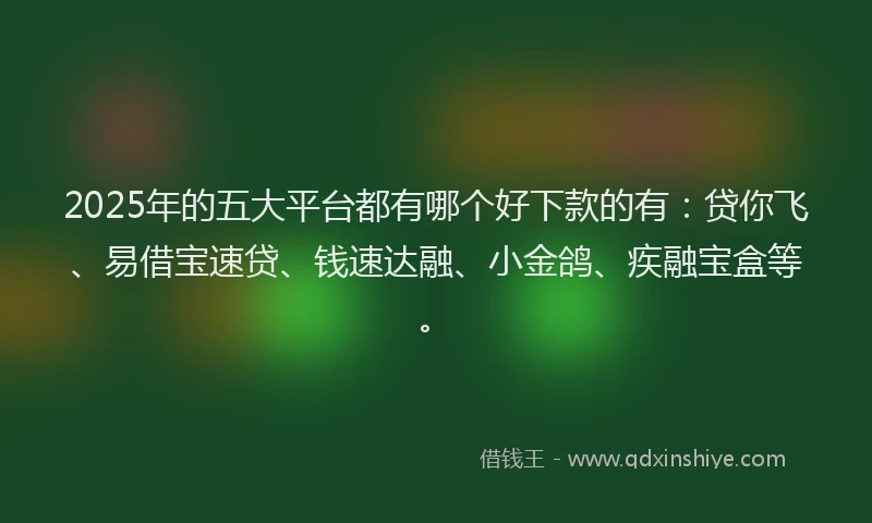 2025年的五大平台都有哪个好下款的有：贷你飞、易借宝速贷、钱速达融、小金鸽、疾融宝盒等。