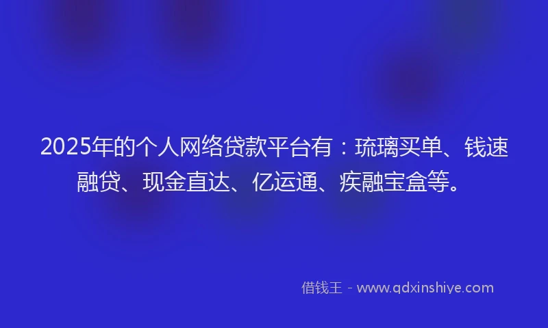 2025年的个人网络贷款平台有：琉璃买单、钱速融贷、现金直达、亿运通、疾融宝盒等。