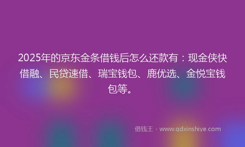 2025年的京东金条借钱后怎么还款有：现金侠快借融、民贷速借、瑞宝钱包、鹿优选、金悦宝钱包等。