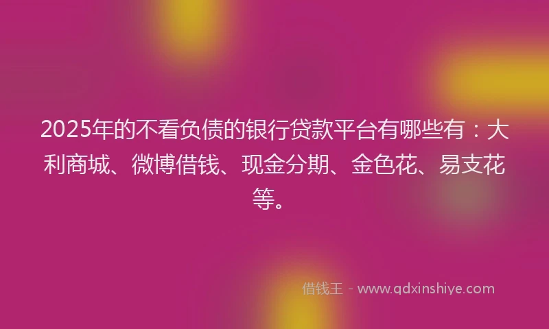 2025年的不看负债的银行贷款平台有哪些有：大利商城、微博借钱、现金分期、金色花、易支花等。
