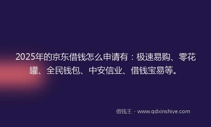 2025年的京东借钱怎么申请有：极速易购、零花罐、全民钱包、中安信业、借钱宝易等。
