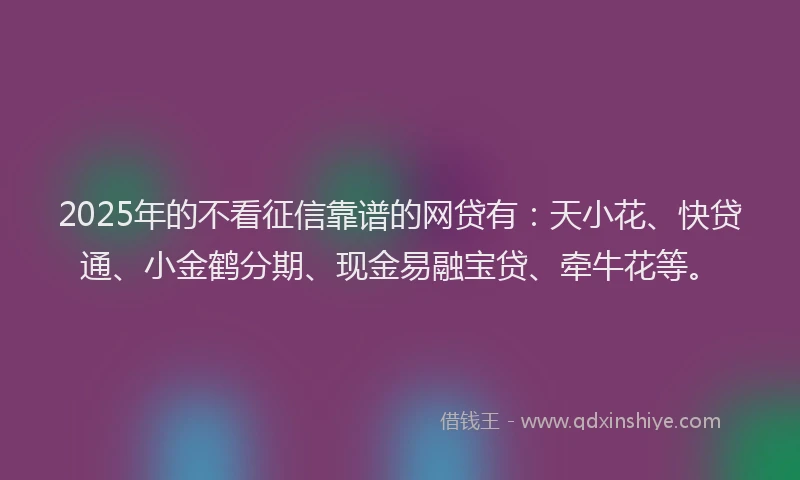2025年的不看征信靠谱的网贷有：天小花、快贷通、小金鹤分期、现金易融宝贷、牵牛花等。