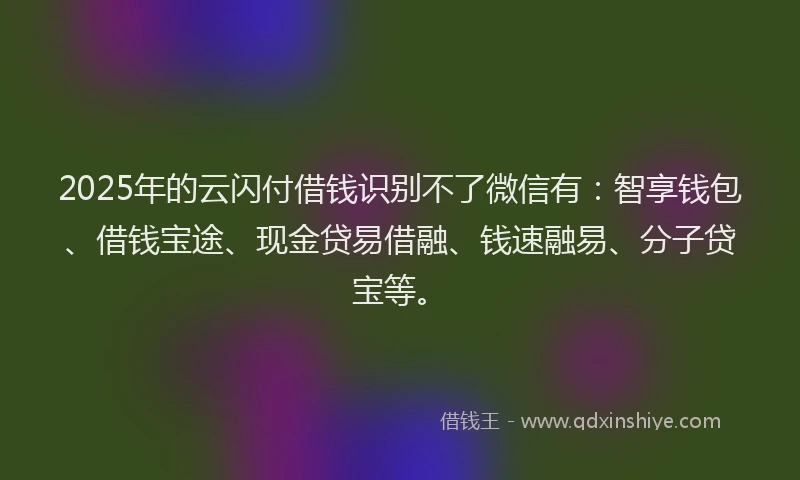 2025年的云闪付借钱识别不了微信有：智享钱包、借钱宝途、现金贷易借融、钱速融易、分子贷宝等。