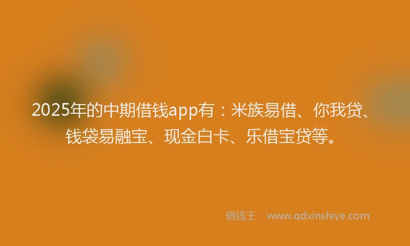 2025年的中期借钱app有：米族易借、你我贷、钱袋易融宝、现金白卡、乐借宝贷等。