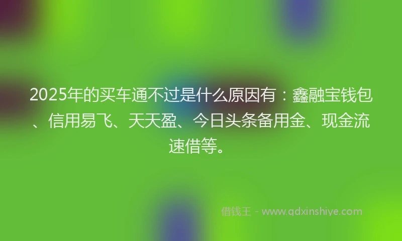 2025年的买车通不过是什么原因有：鑫融宝钱包、信用易飞、天天盈、今日头条备用金、现金流速借等。