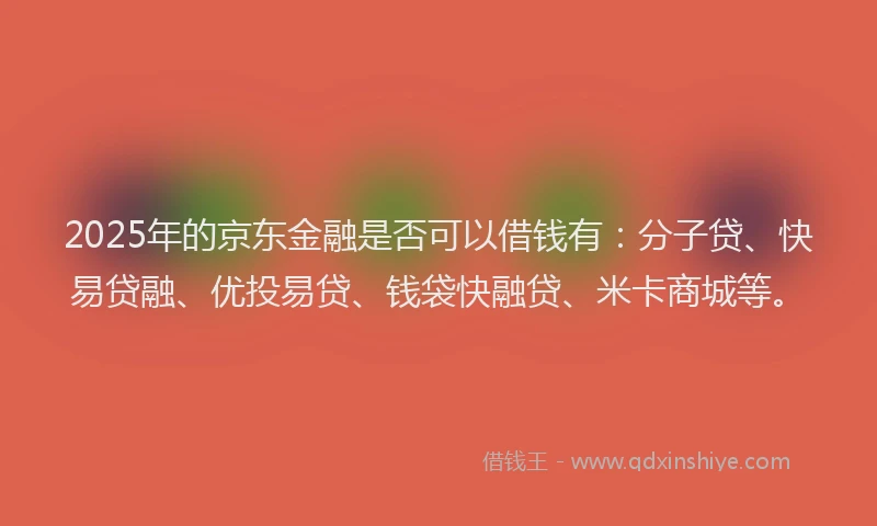 2025年的京东金融是否可以借钱有：分子贷、快易贷融、优投易贷、钱袋快融贷、米卡商城等。