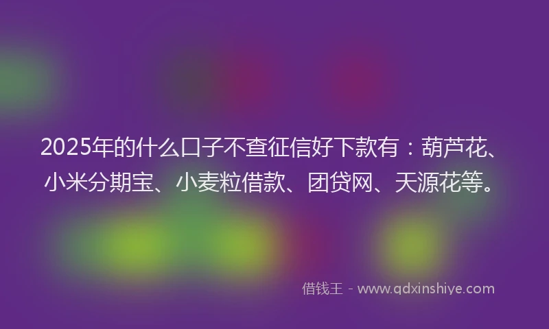 2025年的什么口子不查征信好下款有：葫芦花、小米分期宝、小麦粒借款、团贷网、天源花等。