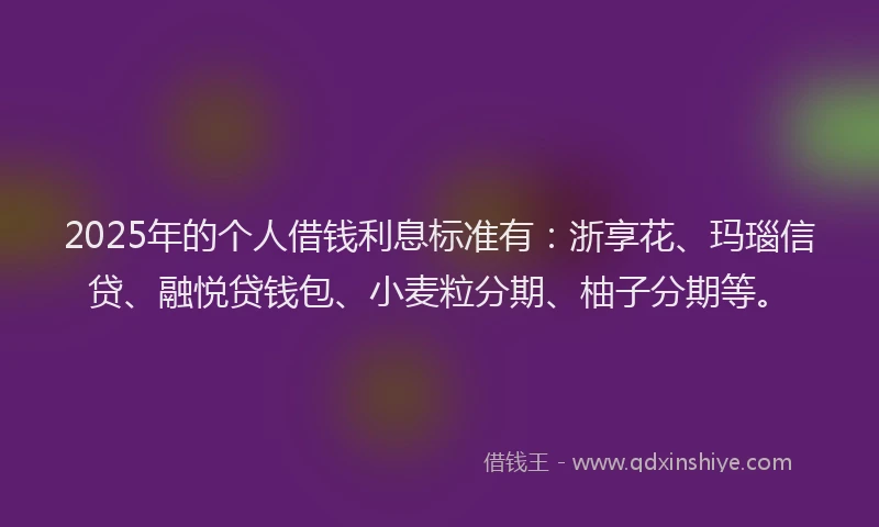 2025年的个人借钱利息标准有：浙享花、玛瑙信贷、融悦贷钱包、小麦粒分期、柚子分期等。