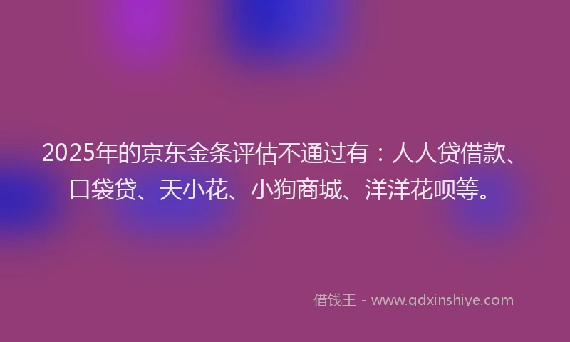 2025年的京东金条评估不通过有：人人贷借款、口袋贷、天小花、小狗商城、洋洋花呗等。