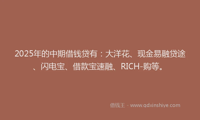 2025年的中期借钱贷有：大洋花、现金易融贷途、闪电宝、借款宝速融、RICH-购等。