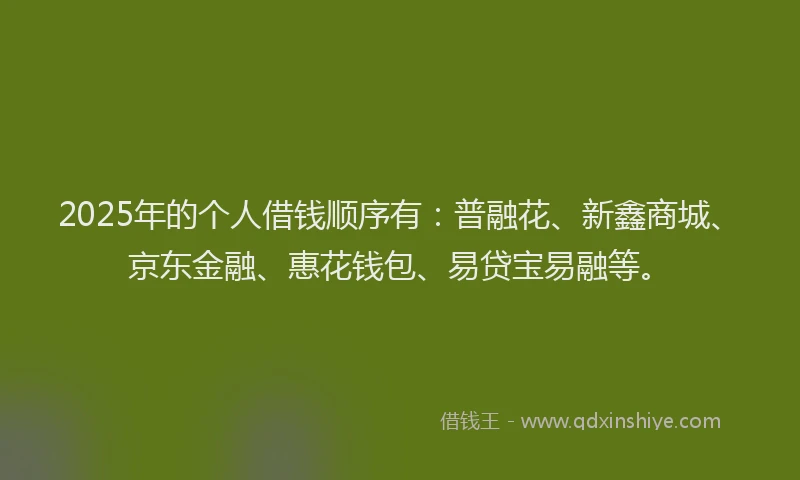 2025年的个人借钱顺序有：普融花、新鑫商城、京东金融、惠花钱包、易贷宝易融等。
