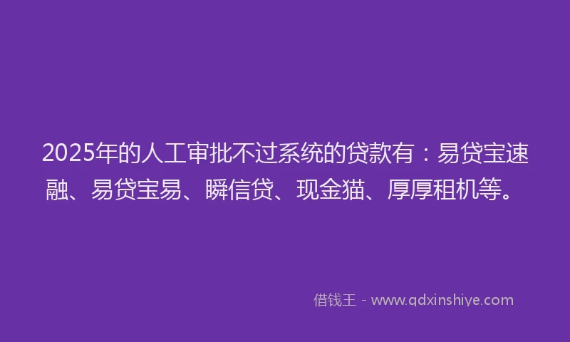 2025年的人工审批不过系统的贷款有：易贷宝速融、易贷宝易、瞬信贷、现金猫、厚厚租机等。