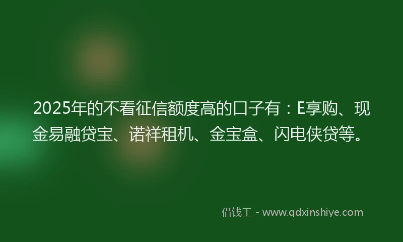 2025年的不看征信额度高的口子有：E享购、现金易融贷宝、诺祥租机、金宝盒、闪电侠贷等。