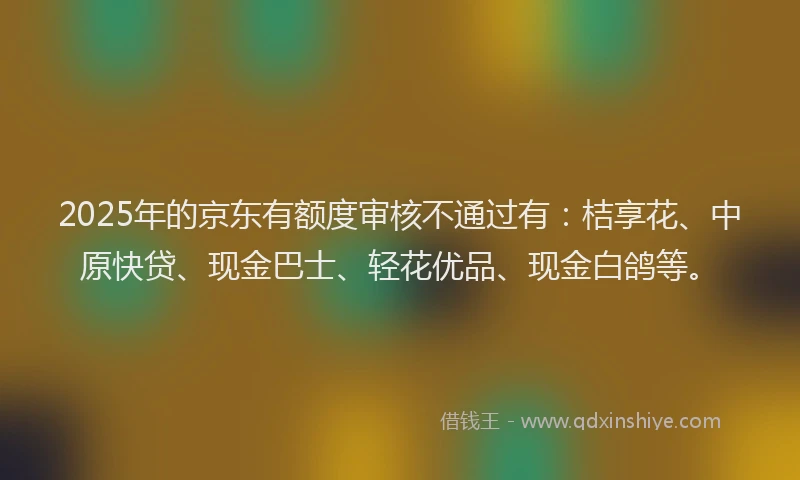 2025年的京东有额度审核不通过有：桔享花、中原快贷、现金巴士、轻花优品、现金白鸽等。