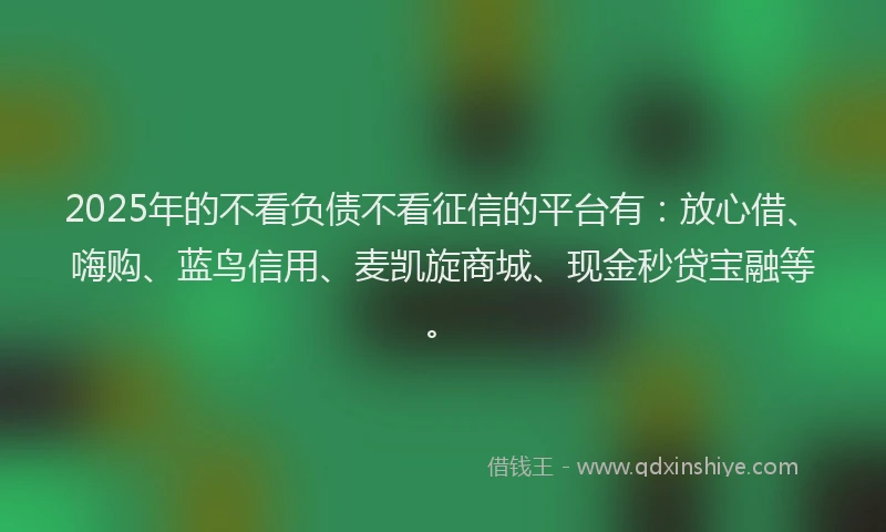 2025年的不看负债不看征信的平台有：放心借、嗨购、蓝鸟信用、麦凯旋商城、现金秒贷宝融等。