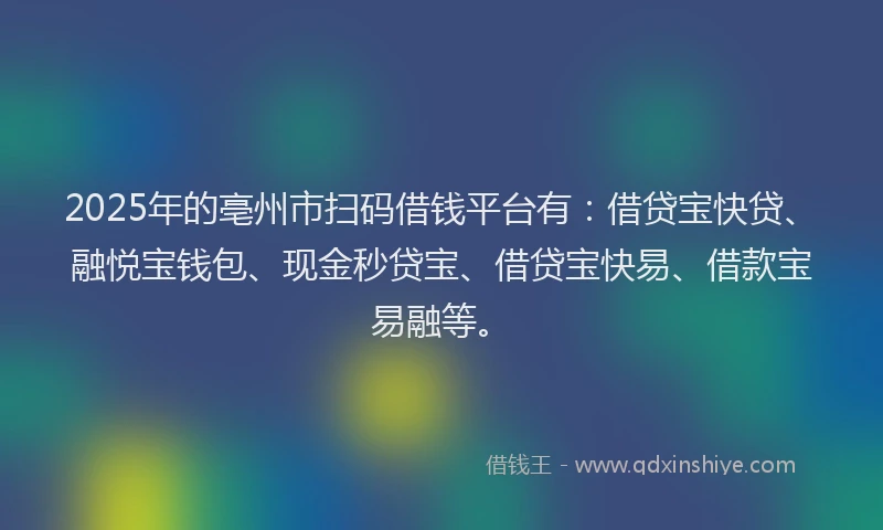 2025年的亳州市扫码借钱平台有：借贷宝快贷、融悦宝钱包、现金秒贷宝、借贷宝快易、借款宝易融等。