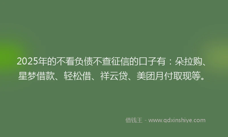 2025年的不看负债不查征信的口子有：朵拉购、星梦借款、轻松借、祥云贷、美团月付取现等。