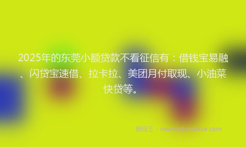 2025年的东莞小额贷款不看征信有：借钱宝易融、闪贷宝速借、拉卡拉、美团月付取现、小油菜快贷等。