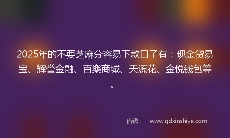 2025年的不要芝麻分容易下款口子有：现金贷易宝、辉誉金融、百樂商城、天源花、金悦钱包等。