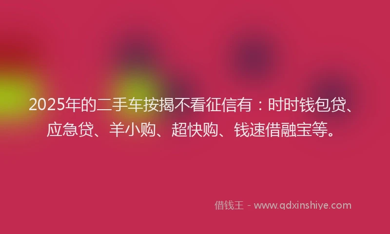 2025年的二手车按揭不看征信有：时时钱包贷、应急贷、羊小购、超快购、钱速借融宝等。
