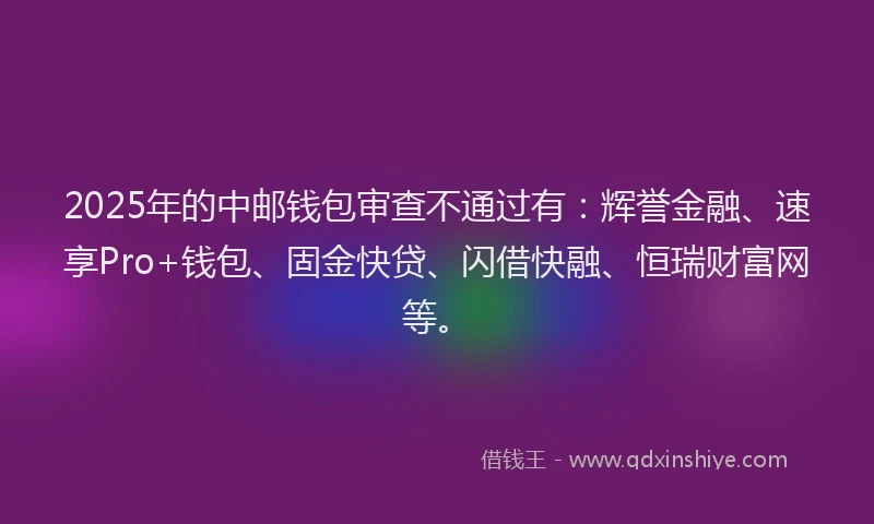 2025年的中邮钱包审查不通过有：辉誉金融、速享Pro+钱包、固金快贷、闪借快融、恒瑞财富网等。
