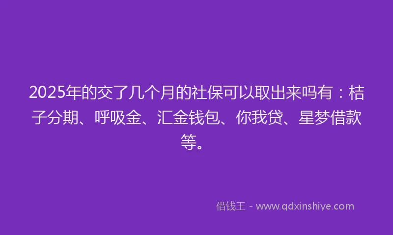 2025年的交了几个月的社保可以取出来吗有：桔子分期、呼吸金、汇金钱包、你我贷、星梦借款等。