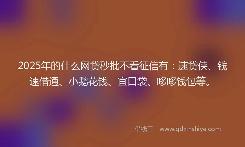 2025年的什么网贷秒批不看征信有：速贷侠、钱速借通、小鹅花钱、宜口袋、哆哆钱包等。