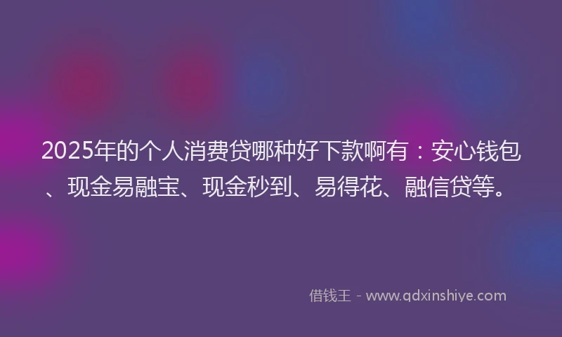 2025年的个人消费贷哪种好下款啊有：安心钱包、现金易融宝、现金秒到、易得花、融信贷等。