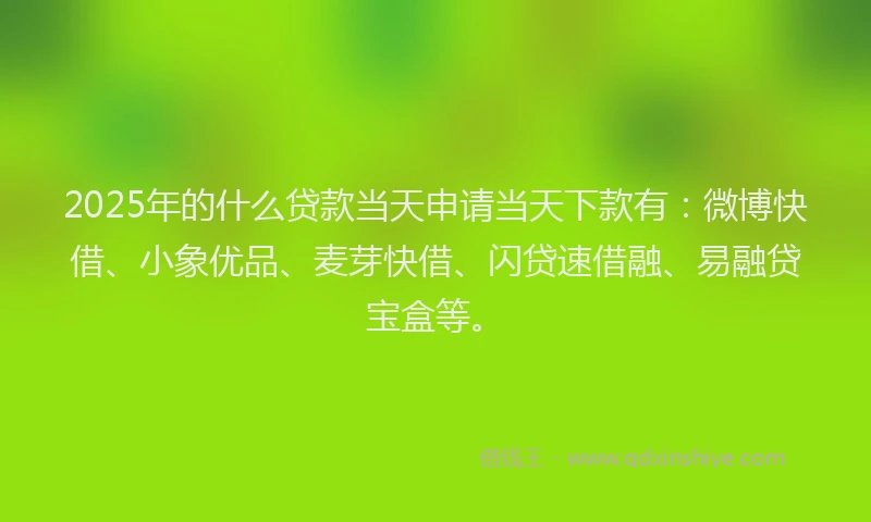 2025年的什么贷款当天申请当天下款有：微博快借、小象优品、麦芽快借、闪贷速借融、易融贷宝盒等。
