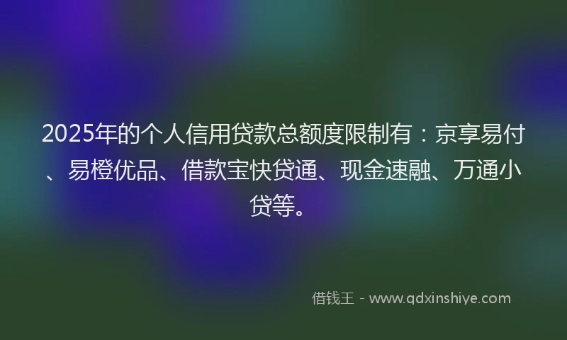 2025年的个人信用贷款总额度限制有：京享易付、易橙优品、借款宝快贷通、现金速融、万通小贷等。